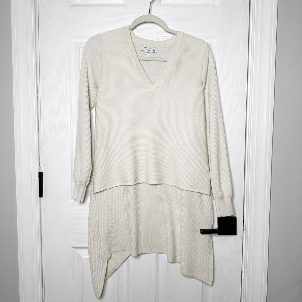 Derek Lam‎ Collective Cream V-Neck Asymmetrical Hem Tunic Sweater Sz M